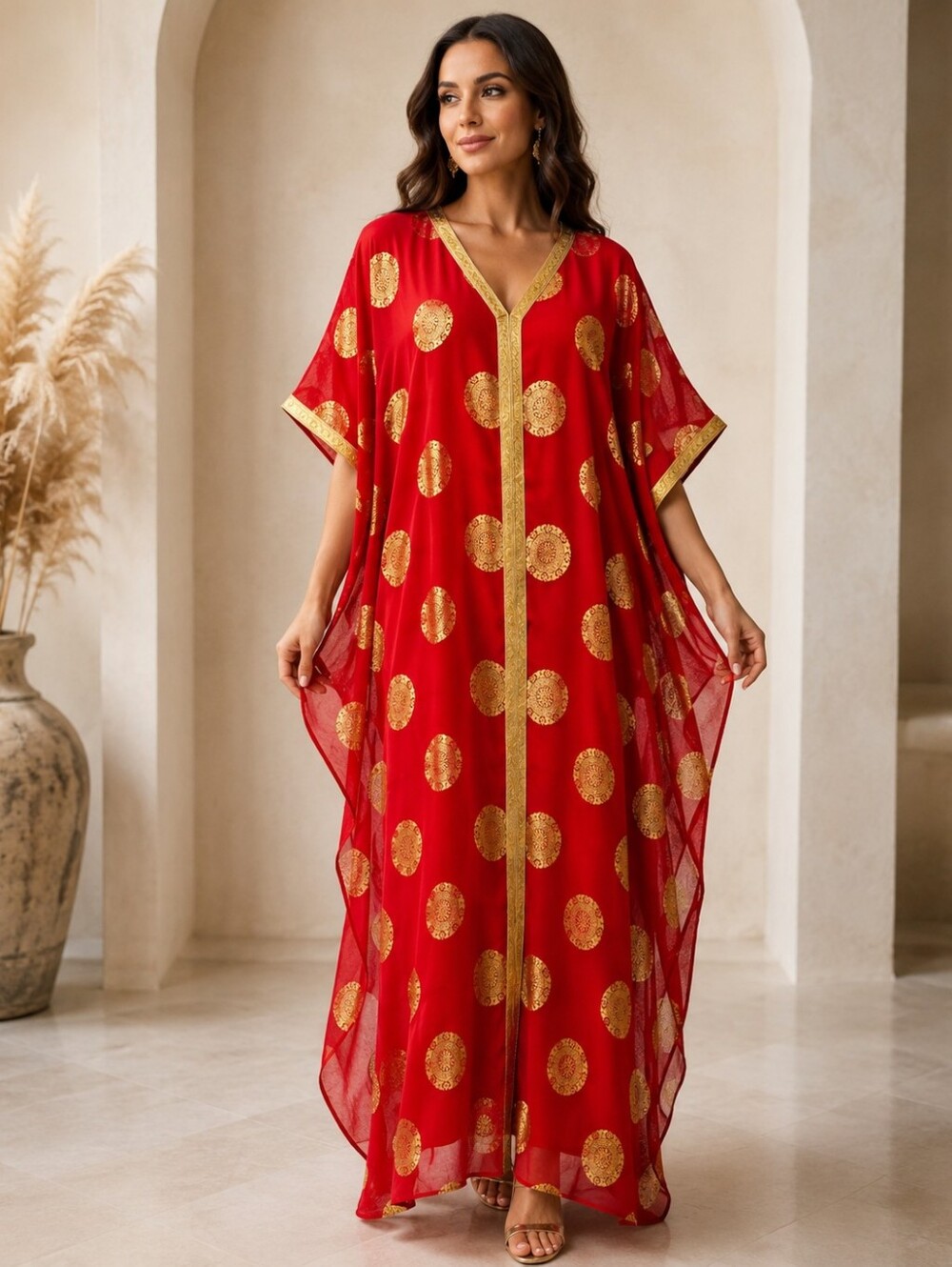 Red Gold Medallion Sheer Kaftan Maxi Dress Fully Lined